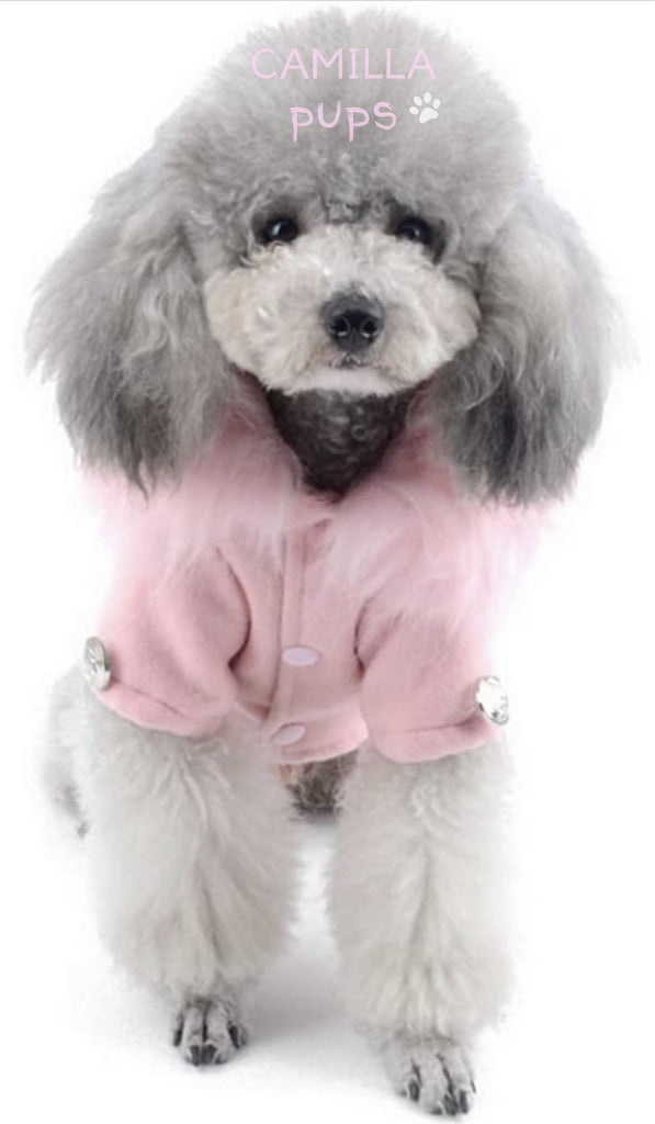 a poodle  pup wearing the pastel pink peggy coat