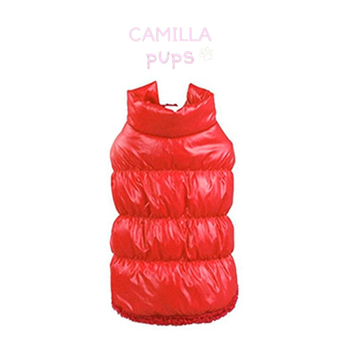 back profile of the red aspen puffer vest