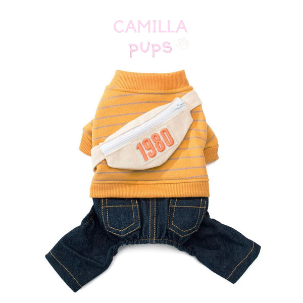 a yellow stripped shirt with dark blue jeans doggy outfit with add-on yellow 1980 fanny bag