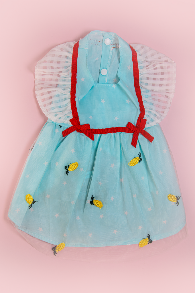 Sonia Pineapple Dress in pastel pink background